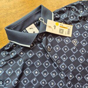 NWT Puma Golf Palm Tree Crew PTC Micro Golf Polo Mens Sm Navy Rickie Fowler KYGO